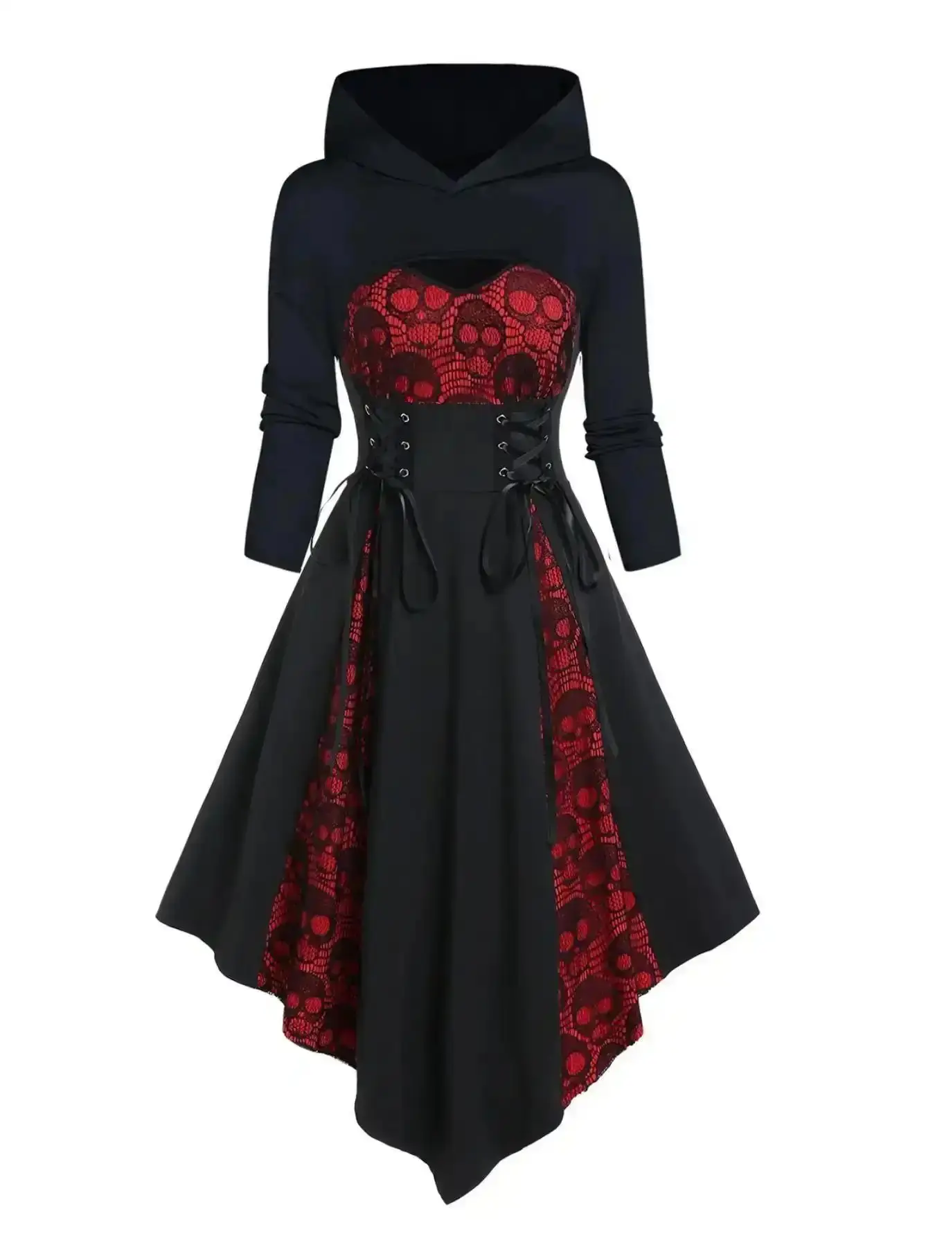Women's Solid Crop Hooded Top & Skull Print Asymmetrical Hem Dress Two-piece Set, Casual Fashion Cozy Two Piece Outfits Womenswear for Daily Outdoor Wear, Women Clothes Fall & Winter, Elegant, Formal, Versatile