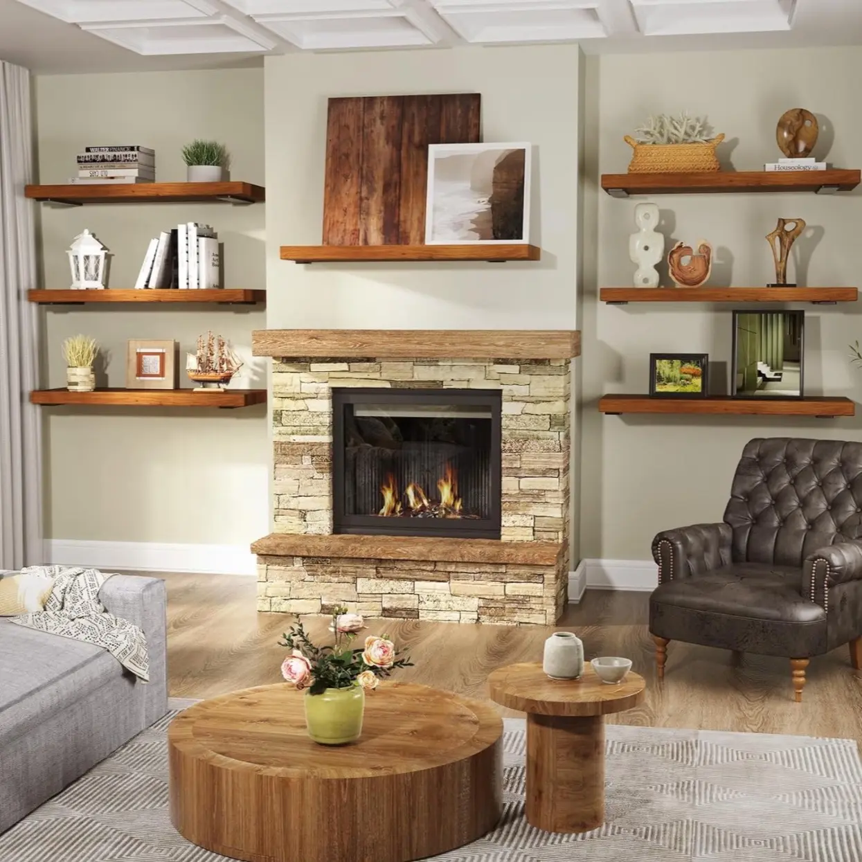 Custom Handcrafted Burnt Wood Farmhouse Style Shelves with Hidden Rustic Black Metal Brackets