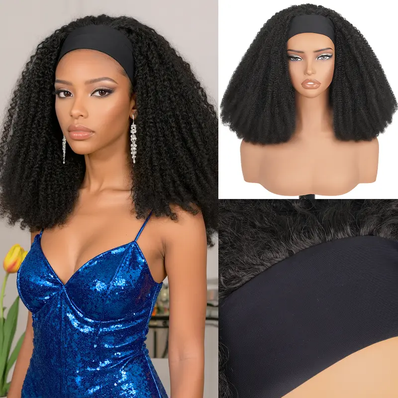 【Biggest Sale】Women's Unisex Afro Kinky Curly Headband Wig, 16in Soft Synthetic Fiber Hair, Lightweight for All-Day Ease, Beginners-Friendly Glueless Wrap Wig with Attached Scarf, Natural Look, Christmas-Thanksgiving Gift