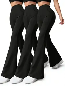 Black Flared Leggings 3-Piece Set, High Waist for Yoga & Running, Stretchy Bell-Bottom Pants, Slim Fit Solid Color for Every Season SpringStatements