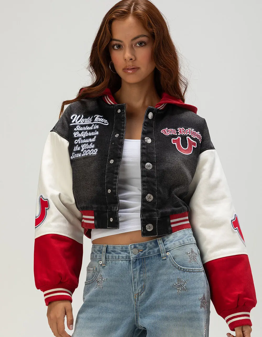 TRUE RELIGION Teddy Patch Womens Padded Denim Bomber Jacket
