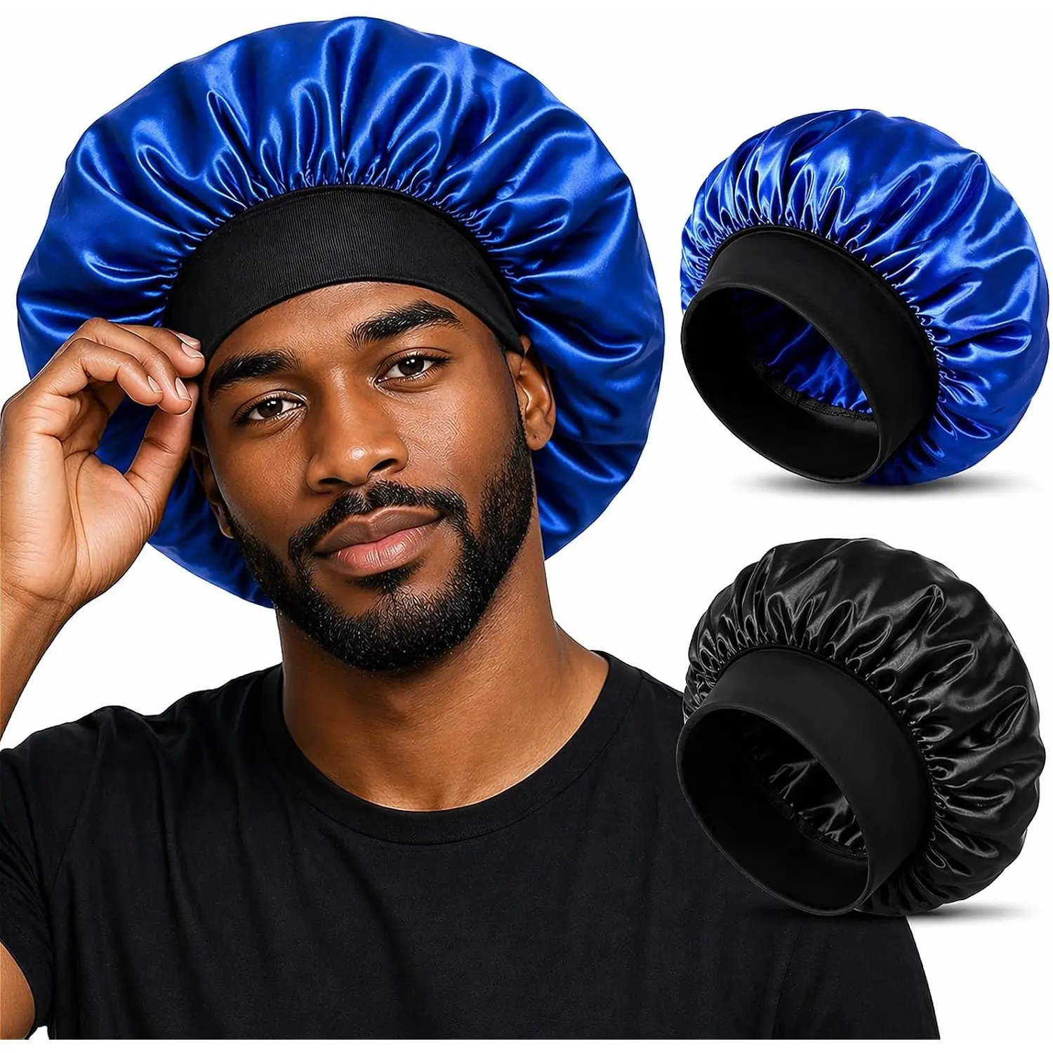 2 Pack Silk Satin Bonnet for Men Sleeping Night Cap Soft Sleep Cap for Locs Dreads Braids Curly Hair Protection