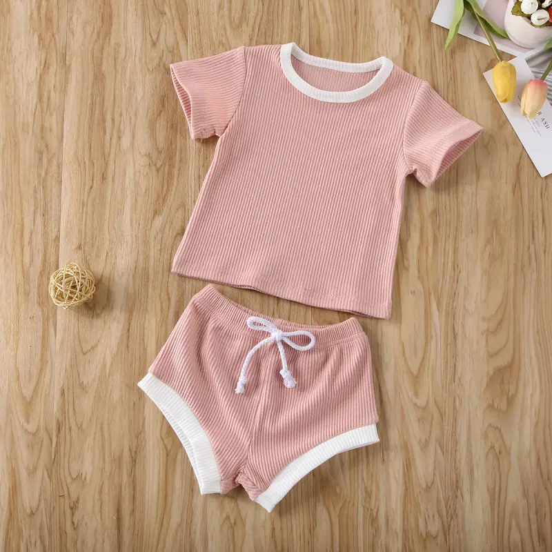 Newborn Baby 2-Piece Summer Casual Outfits, Nature-Inspired Minimalist Crew Neck Ribbed Knit Short-Sleeve T-Shirt + Drawstring Shorts for Family Gifting (Plants-Themed Design)