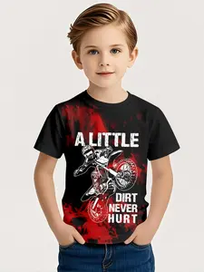 Boys' Summer Casual Short Sleeve T-Shirt, Graphic Print Shirt, All-Over Printed Design, Fitted Style, Perfect for Outdoor Activities & Daily Wear, Graphic Tees