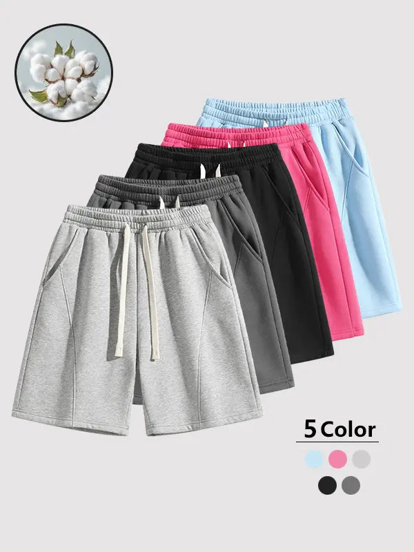 Men's summer solid color casual sports shorts with drawstring side pockets at the waist - soft, breathable, skin friendly and comfortable, suitable for daily outdoor activities as casual five quarter shorts