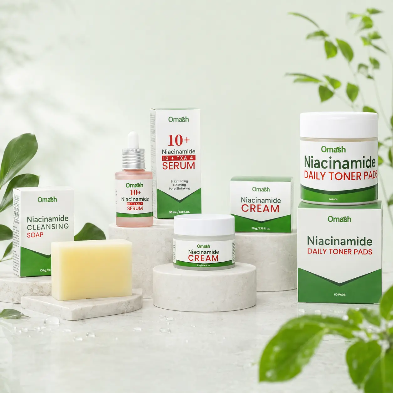 Omash Niacinamide 4-Piece Skincare Set with Cleansing Soap, Facial Serum, Moisturizing Cream & Daily Toner Pads