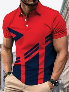 Men's casual striped short-sleeved Polo shirt - Summer outdoor top, with buttoned collar and slight stretch, vivid red/blue/white design, very suitable for casual wear, summer casual wear | Vivid striped shirt | Durable fabric shirt