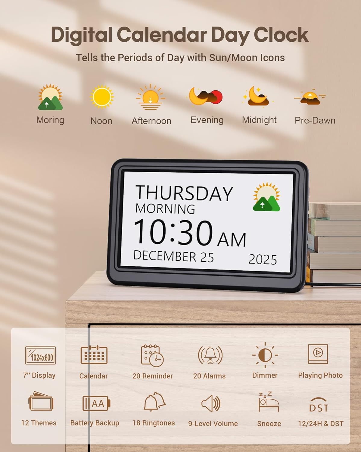 Clock with Day and Date for Elderly, 7" Large Display Digital Calendar Day Clock with 20 Custom Alarms and Medicine Reminders, Dimmable Dementia Alzheimers Clocks for Seniors, Black (Ac Powered)