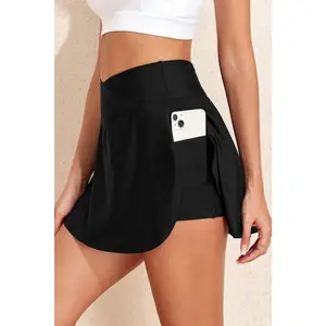Black Solid Pocketed Crossover High Waist Swim Skort