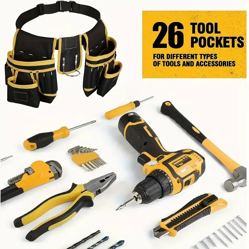 Tool Belt,Magnetic Tool Pouch,27-Pockets Heavy Duty Padded Tool Belts for Men,Detachable Adjustable Tool Pouch Bag for Electrician,Carpenter,Construction,Work Apron,Utility Belt,Black,Yellow, Construction Tool Organizer, Convenient Tool Pockets,summervibe