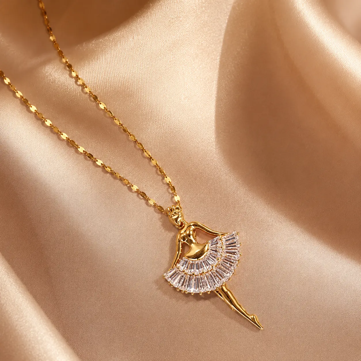 Gold Ballerina Necklace, Crystal Tutu Dancer Pendant with Crown, Dainty Adjustable Chain, Ballet Gift for Her