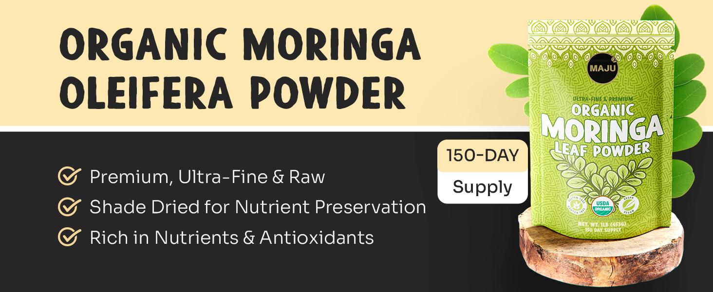 MAJU Organic Moringa Powder (1lb), Oleifera Leaf, Non-GMO and Raw, Shade Dried for Highest Nutrients, Add to Mixed Beverages Natural Superfood Nata