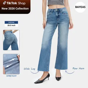 Mid Rise Wide Leg  Raw Hem Jeans Women's Stretchy Casual Wide Leg Ankle-Crop Pants Womenswear Slight Flare Demin Medium Blue