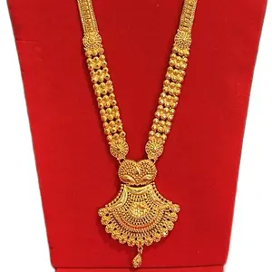 Women's 2-Piece Traditional Gold-Plated Rani Haar Necklace & Matching Earrings Set - Gold Formal, Indian Ethnic, Ornate Ethnic, Traditional Style Necklaces for Special Occasions, Gold Formal Necklaces