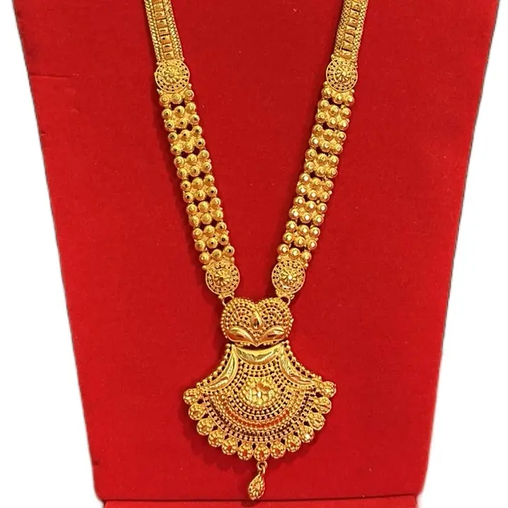 Women's 2-Piece Traditional Gold-Plated Rani Haar Necklace & Matching Earrings Set - Gold Formal, Indian Ethnic, Ornate Ethnic, Traditional Style Necklaces for Special Occasions, Gold Formal Necklaces