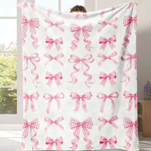 Flannel blanket  Pink Ribbon Bow Pattern Print Flannel Throw Blanket Soft Warm Cozy for Couch Bed Office and Travel Versatile All Season Gift This is the best gift for couples children parents and it can express deep love.