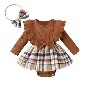 Infant Girl Knit Rompers Dress Plaid Rib Knit Ruffles Long Sleeve Skirt Hem Jumpsuits Newborn Clothes Baby Bodysuits with Headband mini skirt