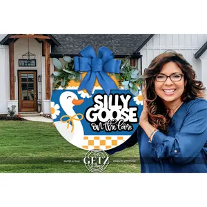 Silly Goose On The Loose Door Hanger | Funny Goose Front Door Sign | Farmhouse Round Porch Decor | Blue Bow
