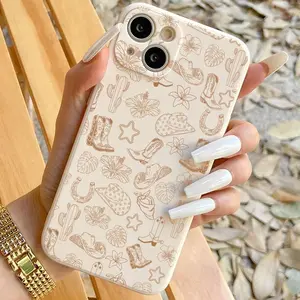 Vintage Cactus & Boot & hat pattern phone case decorative phone protector cover compatible with iPhone 11 12 13 14 15 Pro Max Protection Protective