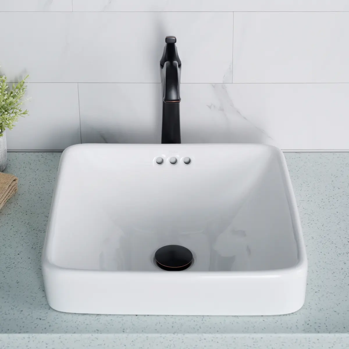 Kraus KCR-281-2PK 16.5 in. Elavo Square Semi-Recessed Vessel Porcelain Ceramic Bathroom Sink with Overflow, White - Pack of 2