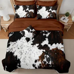 Brown Cowhide Comforter Set Full, 7 count Bed in a Bag Black White Cow  Print Western Farmhouse   Bedding Set