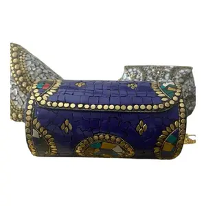 Majestic Mosaic Clutch Royal Violet Handcrafted Artisanal Glass & Brass Clutch Bag with Jewel-Toned Highlights & Gold Detailing Secure Magnetic Flap Lined Interior 8" W x 5" H x 2.5" D