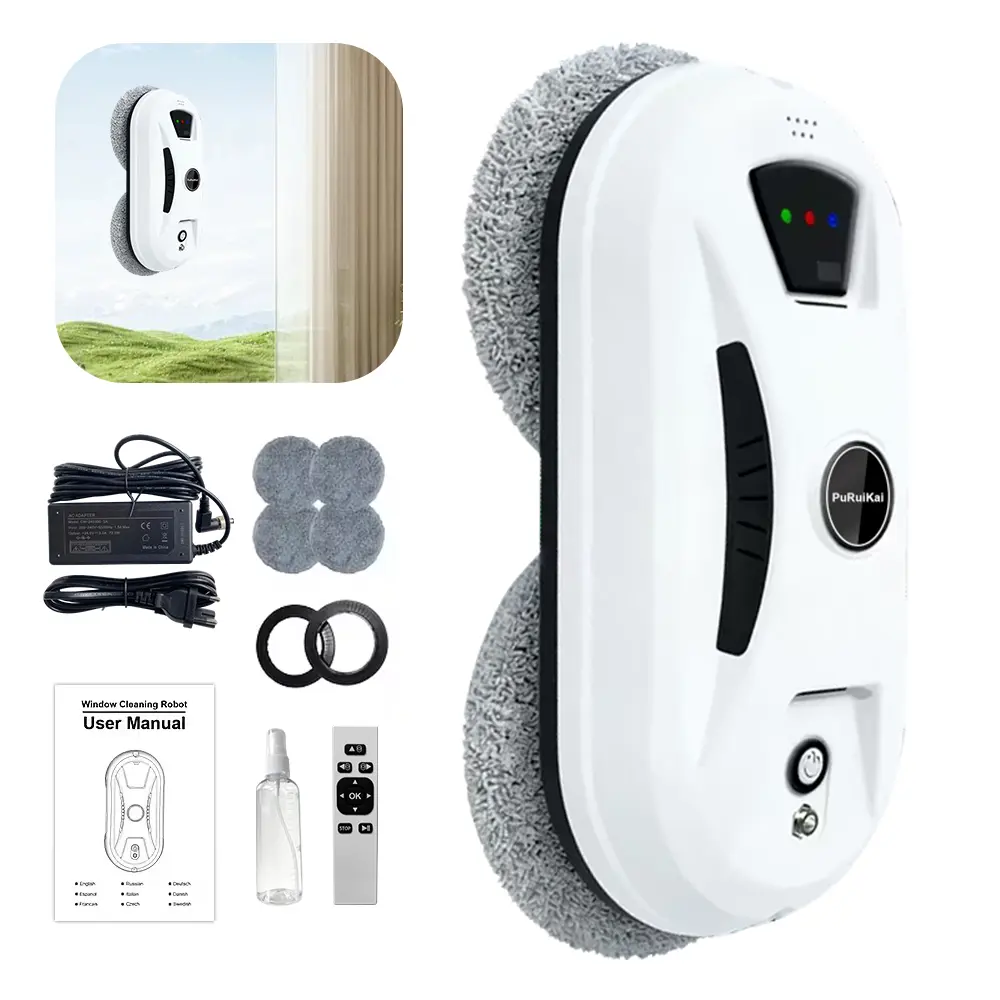 PuRuikai PRK-N361 Smart Window Cleaning Robot with Manual Spray, 5600Pa Strong Suction, Anti-Fall Safety Lanyard, Automatic Frame Detection, Ideal for High-Rise Windows & Glass Surfaces
