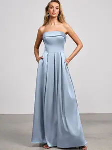 Azazie Isolde Strapless Corset Bodice Detachable Straps Pockets Luminous Satin Maxi Dress