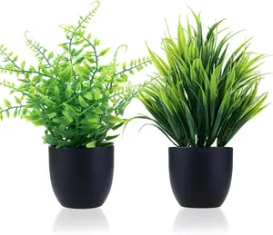 2 Pack Fake Plants in Black Pot Small Artificial Plant Wheat Grass for Home Decor Faux Fern Greenery Indoor Bathroom Shelf Home Office Desk Bedroom Cabinet Kitchen Table Decorations