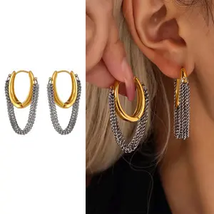 Women's Multi-Layer Chain Tassel Buckle Artificial Gemstone Earrings Set - Gold, Silver Options, Trendy Fashionable Daily Matching Jewelry Accessories, Gold Earrings Set