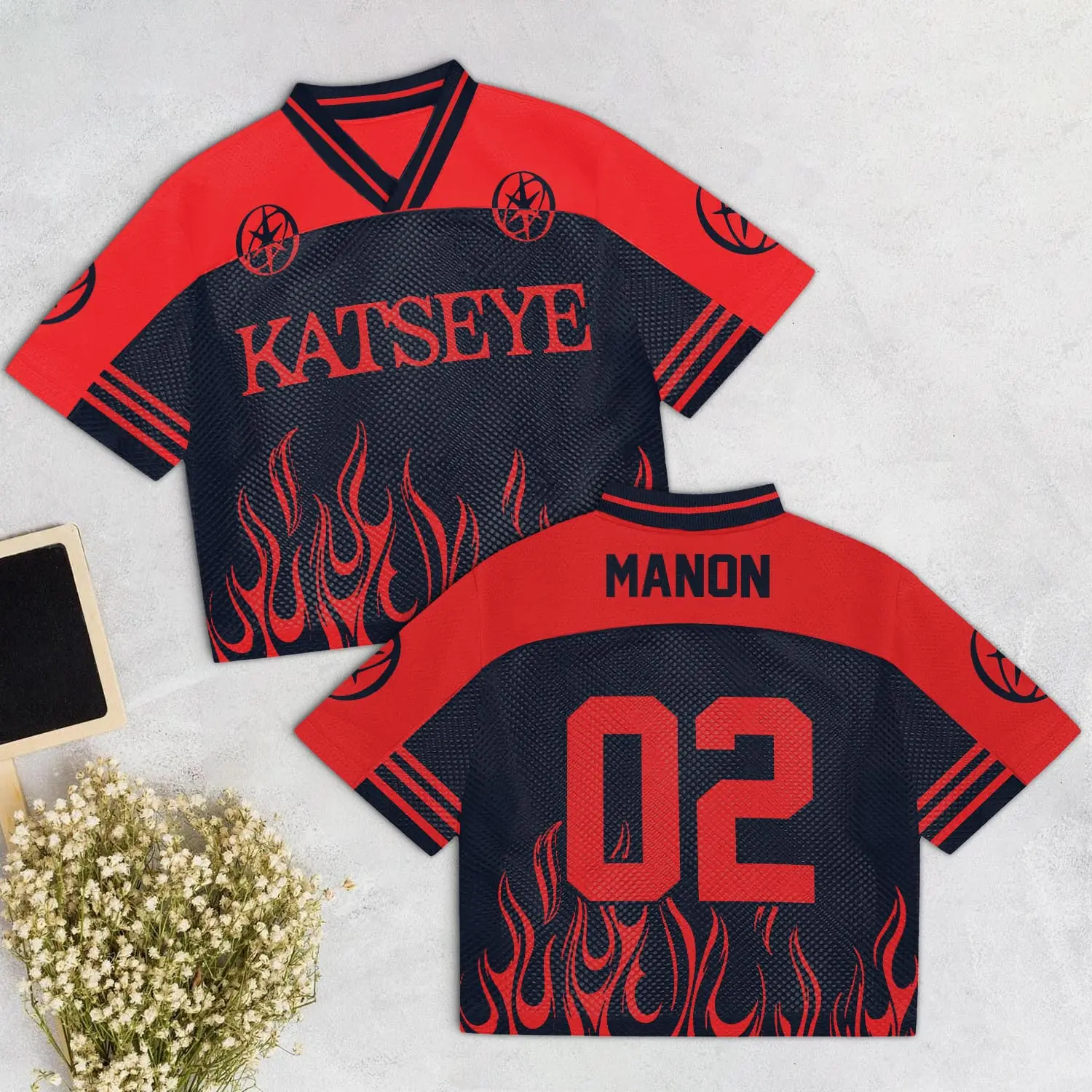 KATSEYE Manon 02 Red Black Flame Football Jersey Shirt - V-Neck Oversized Concert Tee, Soft Breathable Member Graphic Merchandise for Women & Men, Y2K K-Pop Streetwear Outfit Summer
