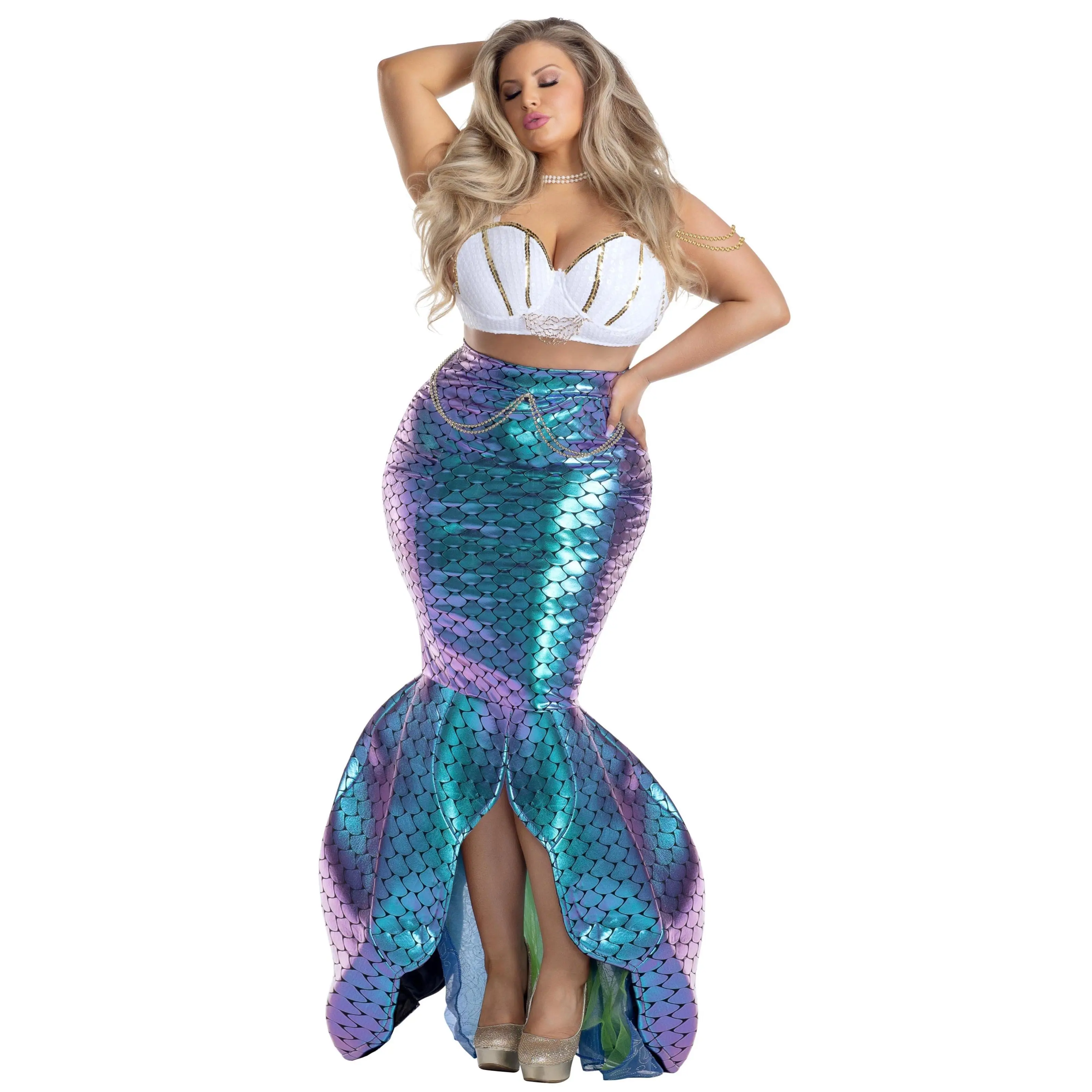 Women’s Plus-Size Ocean Dream Mermaid Halloween Costume, Sequin Longline Matching Necklace Accessories