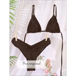 Solid Color Two Piece Low Waist Triangle Bikini with Crinkled Texture