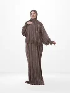 One-Piece Prayer Set Dress & Abaya with attached Hijab - Striped Crepe daily wear