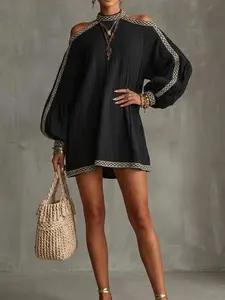 2026 Spring Summer New Women's Long Sleeve Dress, Loose Fit Shoulder Strap Sexy Solid Color, Fashionable Chic Casual Wear