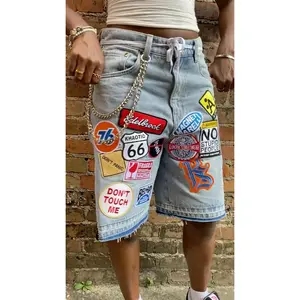 Men's shorts Y2K Retro Patchwork Denim Shorts Men Harajuku Hip Hop Cartoon Embroidery Retro Blue Baggy Denim Fitness Casual Knee Length Short