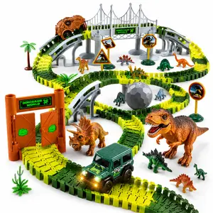 Dinosaur Track Set for Kids, 215 PCS Flexible Race Track Playset with Dino Figures, Track Car, Gates, Trees and Accessories