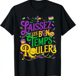 Laissez Les Bon Temps Rouler Mardi Gras Beads Fleur De Lis T-Shirt