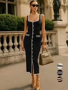 Summer New Women's Knitted Sleeveless Dress, Valentine's Day Sexy Chic, Colorblock Waist Split Design, Comfortable Soft Fabric