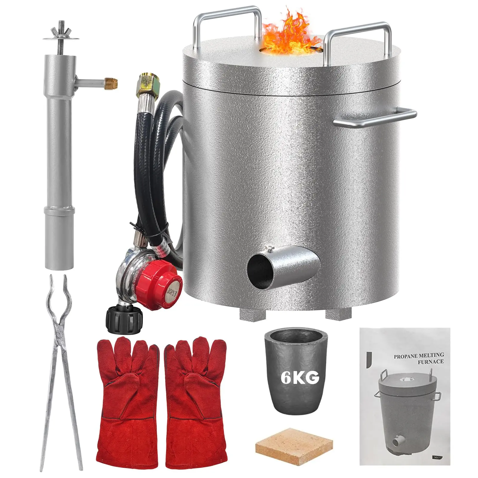 6KG Propane Melting Furnace Kit, 1300°C Fast Metal Melting Smelting Furnace with Crucible & Tongs, Heavy Duty Stainless Steel Foundry Kit for Gold Silver Copper Aluminum Casting, Home DIY Metalworking, Black