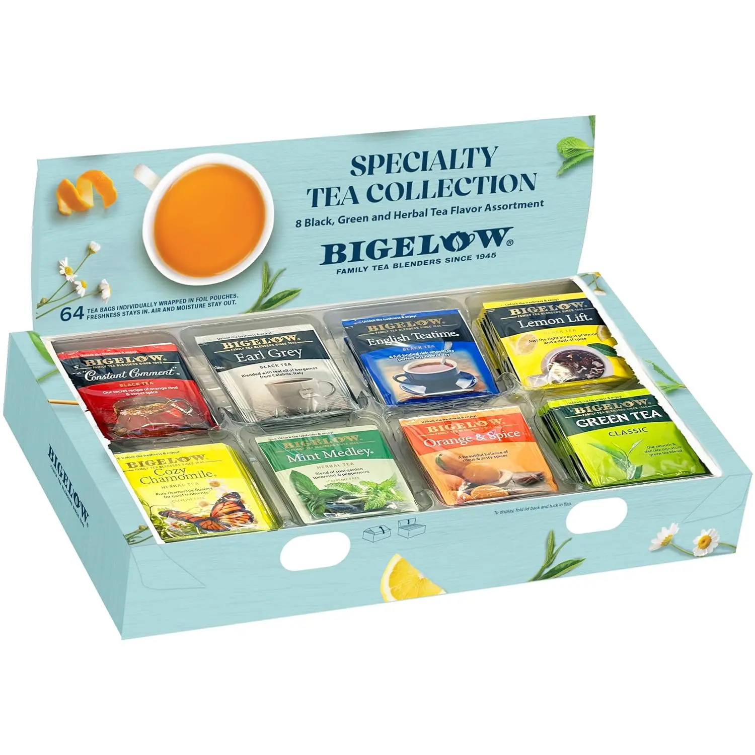 Bigelow Tea Assortment, Green, Black, and Herbal Teas with English Teatime, Constant Comment, Lemon Lift, Earl Grey, Green, Cozy Chamomile, Orange Spice, Mint Medley, 64 Tea Bags (Pack of 1)