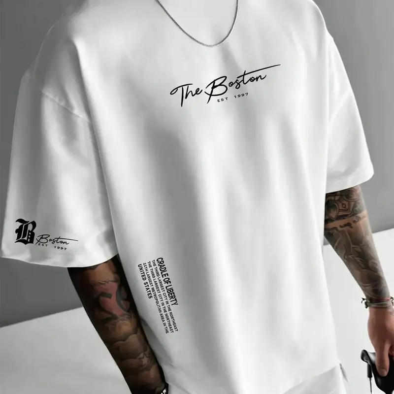 Unisex Men's Letter Print Round Neck Casual Style Tee, Loose Casual Short Sleeve Crew Neck T-shirt for Summer, Fashion Men's Top for Daily Wear