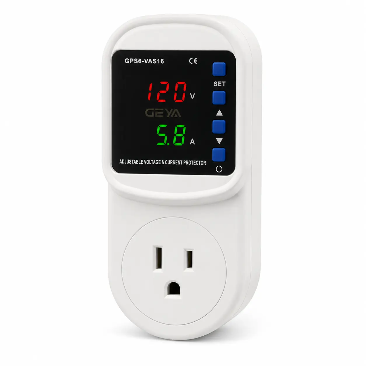 GEYA Voltage Protector Outlet, 1875W Wall Plug Power Protector for Refrigerator, TV, PC and Home Appliances, Adjustable Over/Under Voltage and Overcurrent Protection with LED Display, 125V, 16A Adjustable Limit, 1 Pack