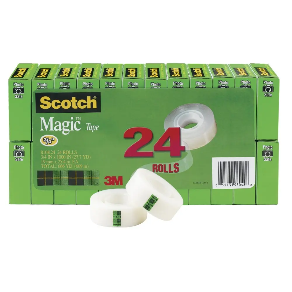 Scotch 810 Invisible Magic Tape - 3/4 in x 1000 in, 1 in Core, Photo-Safe, Writable, Self-Adhesive, Original Matte Finish, Cuts Easily, Frosty on the Roll, Smooth Pull-Off, Pack of 24 for Schools, Home Offices
