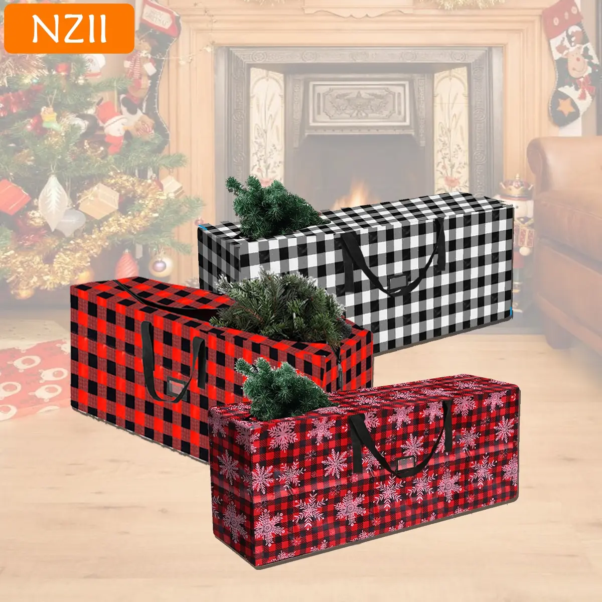 Nzii 9ft Large Christmas Tree Storage Bag, Storage Carrying Bag, Storage Transportation Bag, Dual Zipper and Carry Handles, Plaid Snowflake Checkered Design, Holiday Organizer, Space Saver Bags, Waterproof Storage Bags, Space Saving Bags