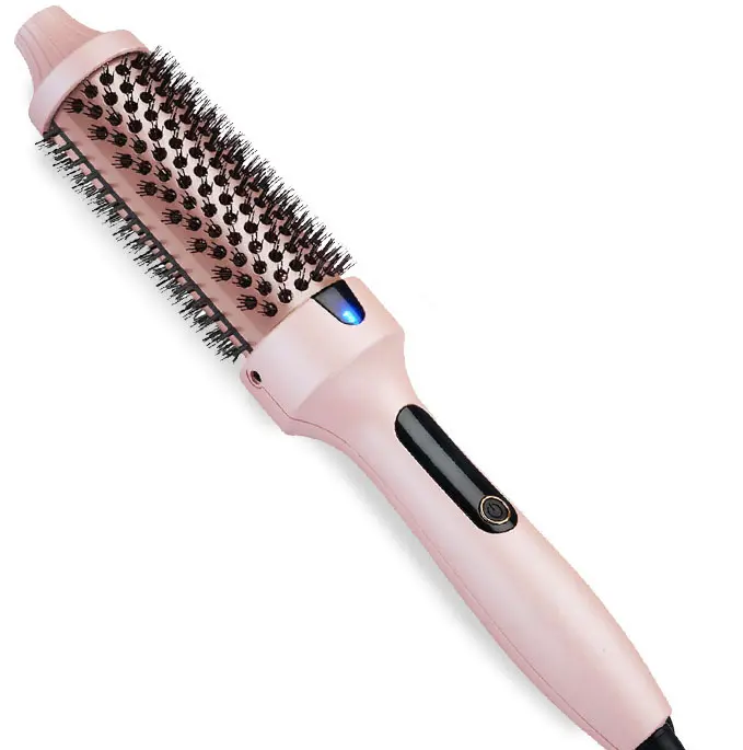 Heated round brush, suitable for wavy hair, styling, long-lasting waves, curling iron, detangling and straightening, pink, heated curling brush, negative ions, adjustable ionic temperature, perfect curls, curling iron