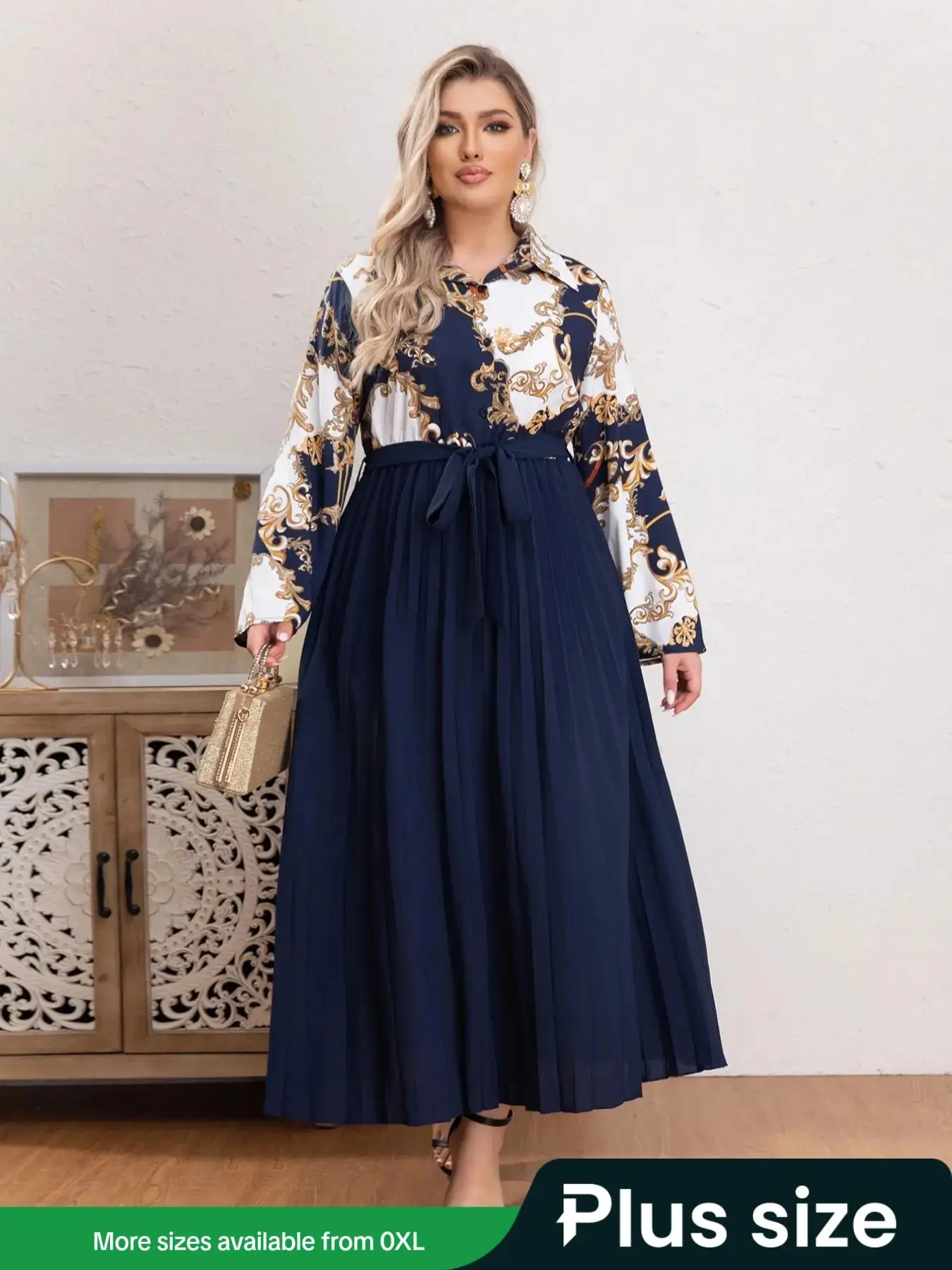 Plus Size Colorblock Print Belted Button Front Pleated Dress, Elegant Long Sleeve Collared A Line Dress For Spring & Fall, Women's Clothes For Vacatio