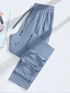 Men's Solid Color Ice Silk Pants, Regular Fit Casual Comfy Breathable Straight Leg Trousers for Outdoor Workout Commute, Men's Bottoms for Summer, Menswear