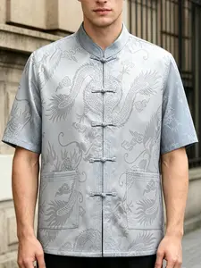 Summer Classic Dragon Pattern Short Sleeve Men's Shirt, New Traditional Tang Suit, Lightweight Breathable Hanfu Top, Comfortable Casual Kung Fu Shirt