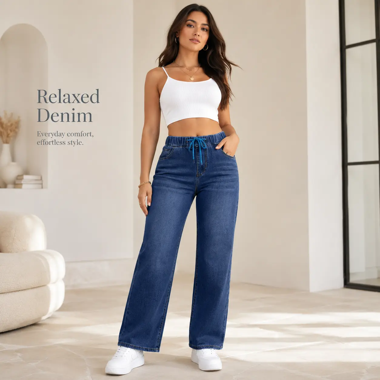 Women’s High-Waist 90s Wide-Leg Crop Jeans - Dark Blue Loose Baggy Denim Pants with Elastic Drawstring Waist, Pockets, All-Season Everyday Streetwear for Hoodie Pairing, Casual Comfortable Y2K Full-Length Jeans,sohochic